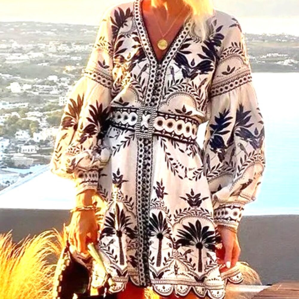 Bohemian Embroidered Mini Dress - Black on Cream
